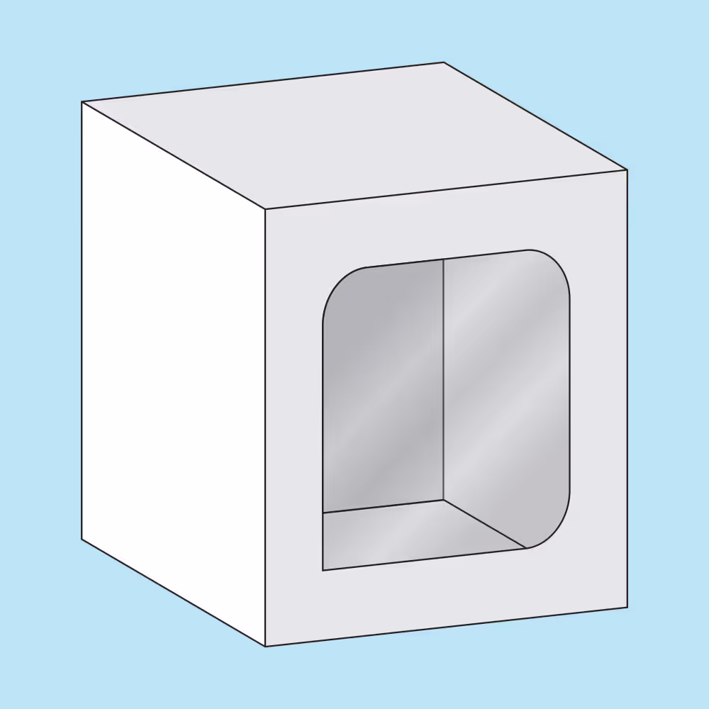White rectangular box with a clear, rounded window on the front against a light blue background.