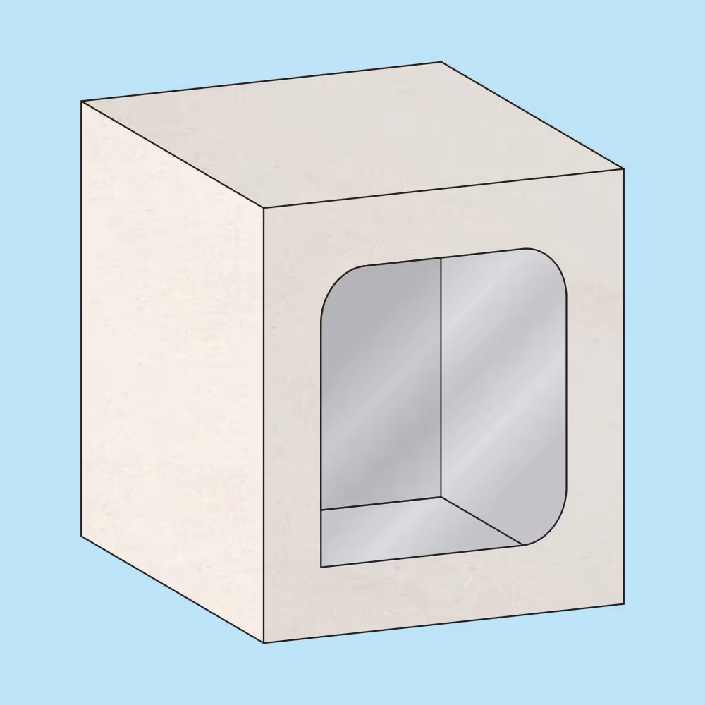 3D beige rectangular box with a rounded square transparent window on one side, on a light blue background.