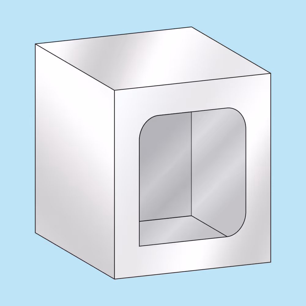 Shiny silver cube with a rounded square cutout on the front face against a light blue background.