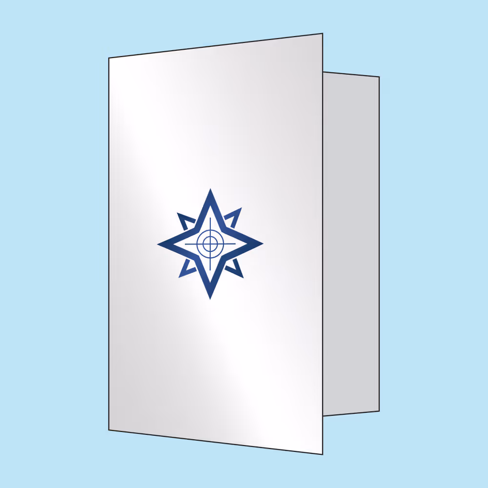 White tri-fold brochure with a blue star-like logo on the front against a light blue background.