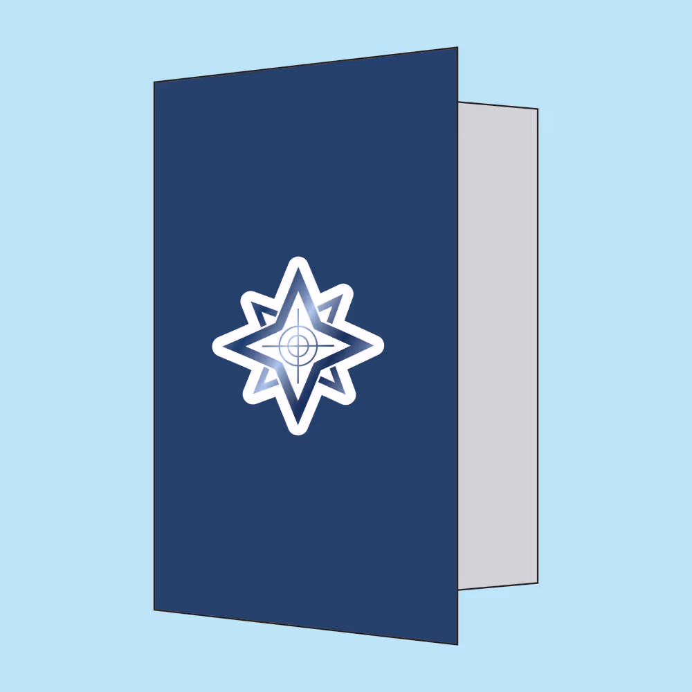 Blue folder with a white and blue star-shaped geometric logo on the front.