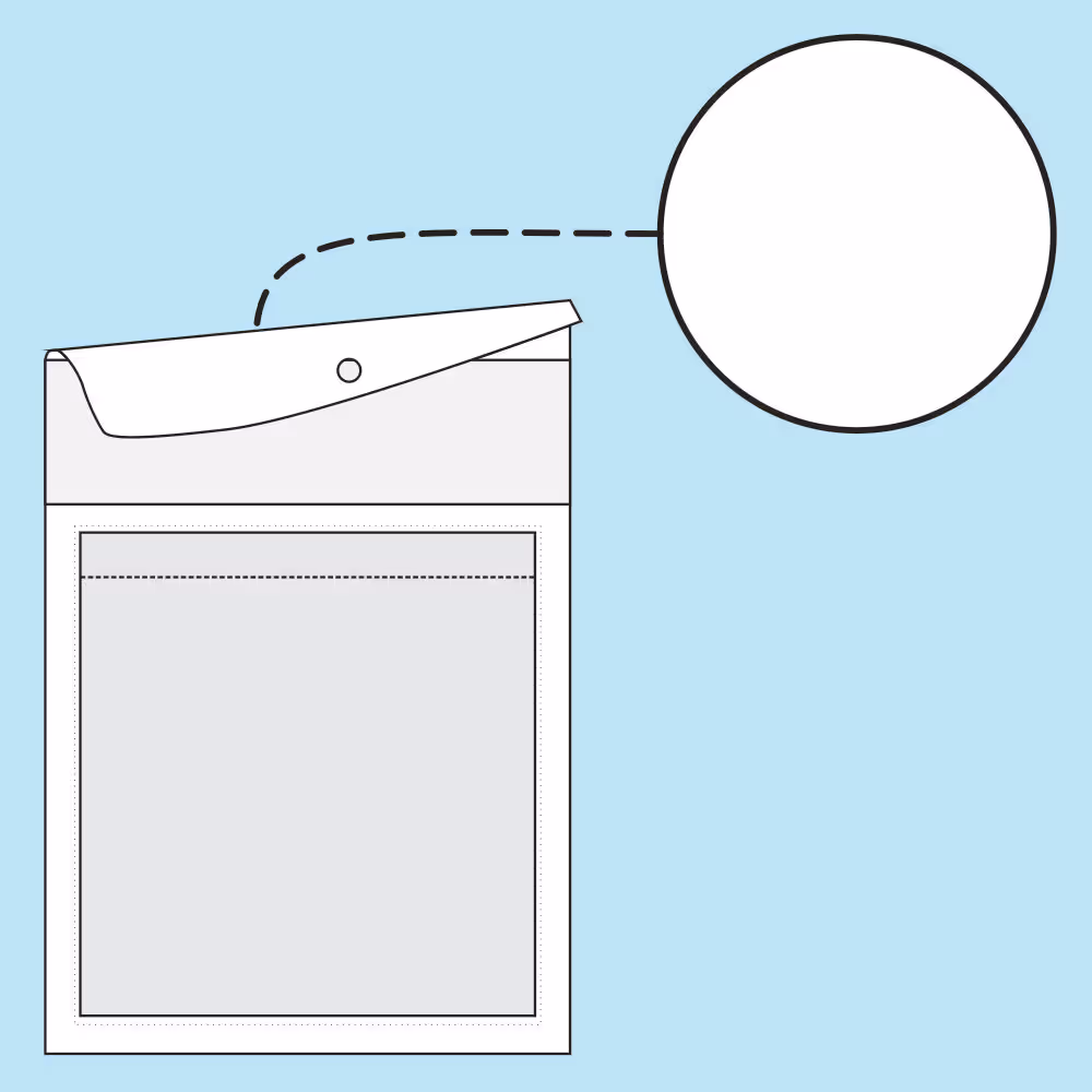 Illustration of a clear plastic pouch with a flap closure and a blank speech bubble above it.