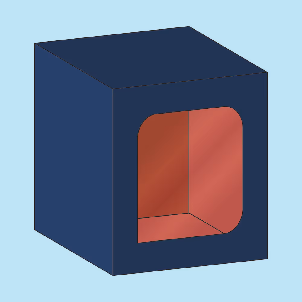 3D illustration of a navy blue open cube with rounded square inner walls in rust red on a light blue background.