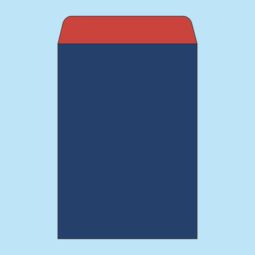 Navy blue envelope with red flap on a light blue background.