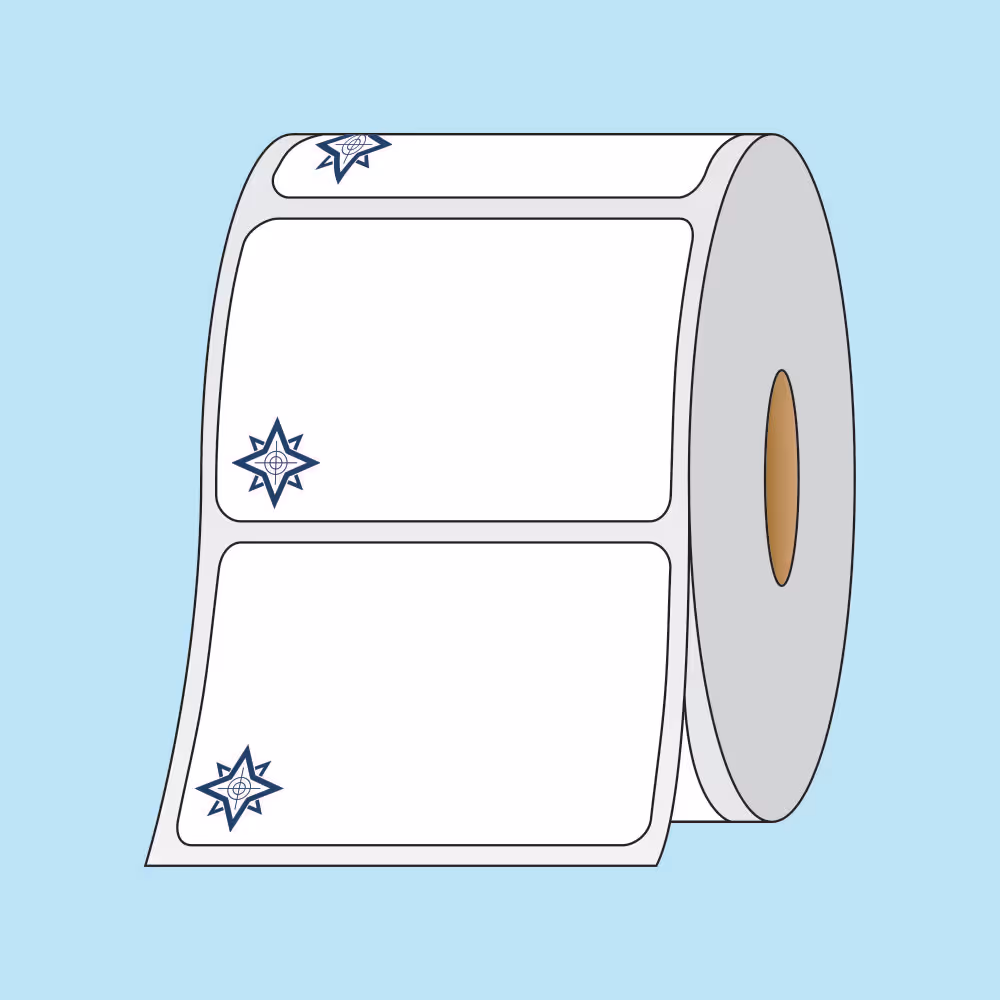Roll of white adhesive labels with blue star-like registration marks on each label against a light blue background.