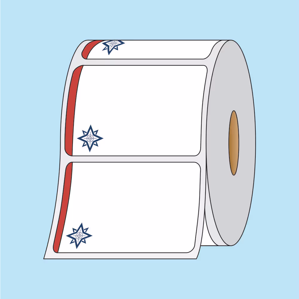 Roll of white adhesive labels with blue star logos and red side borders on each label.