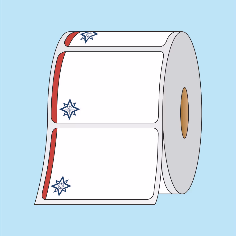 Roll of white labels with a blue star and red stripe design on a light blue background.