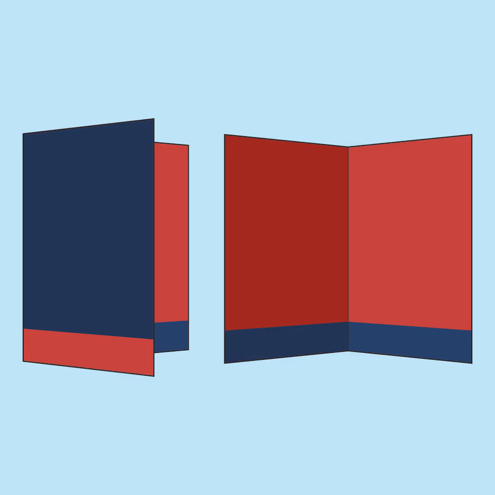 Two folded flyers with red and navy blue color blocks on a light blue background.