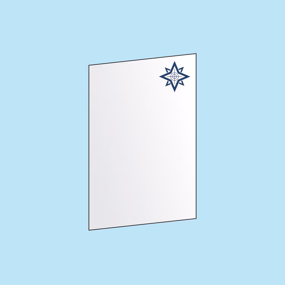 Blank white paper sheet with a blue compass rose symbol in the top right corner on a light blue background.
