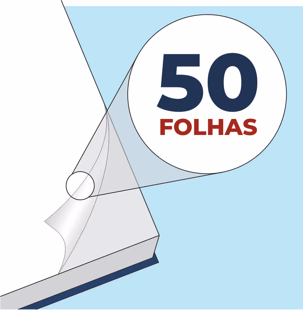 Illustration of a notebook with a folded corner highlighting a circle that says '50 folhas'.