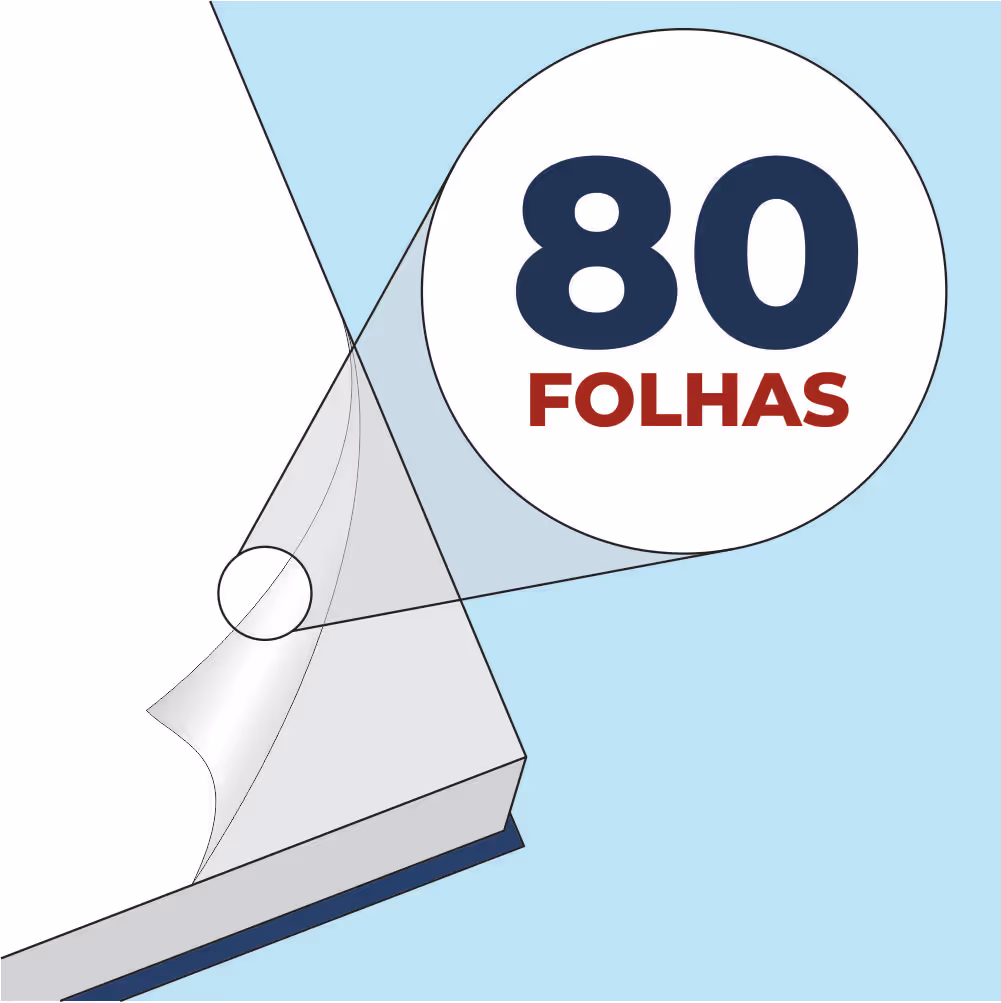 Illustration of a notebook page being turned with a magnified circle showing the text '80 folhas' indicating 80 sheets.