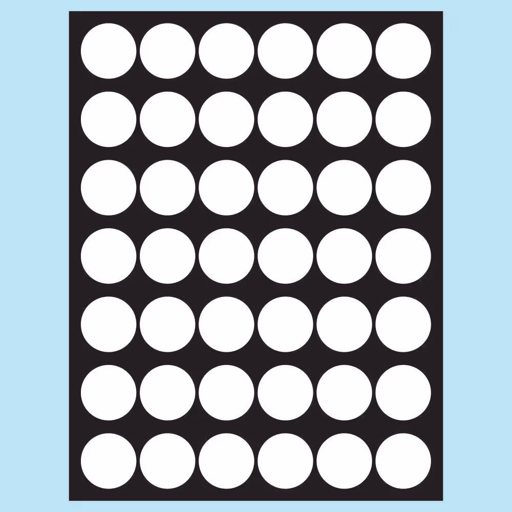 Grid of six rows and six columns of white circular dots on a black square background with light blue surrounding.