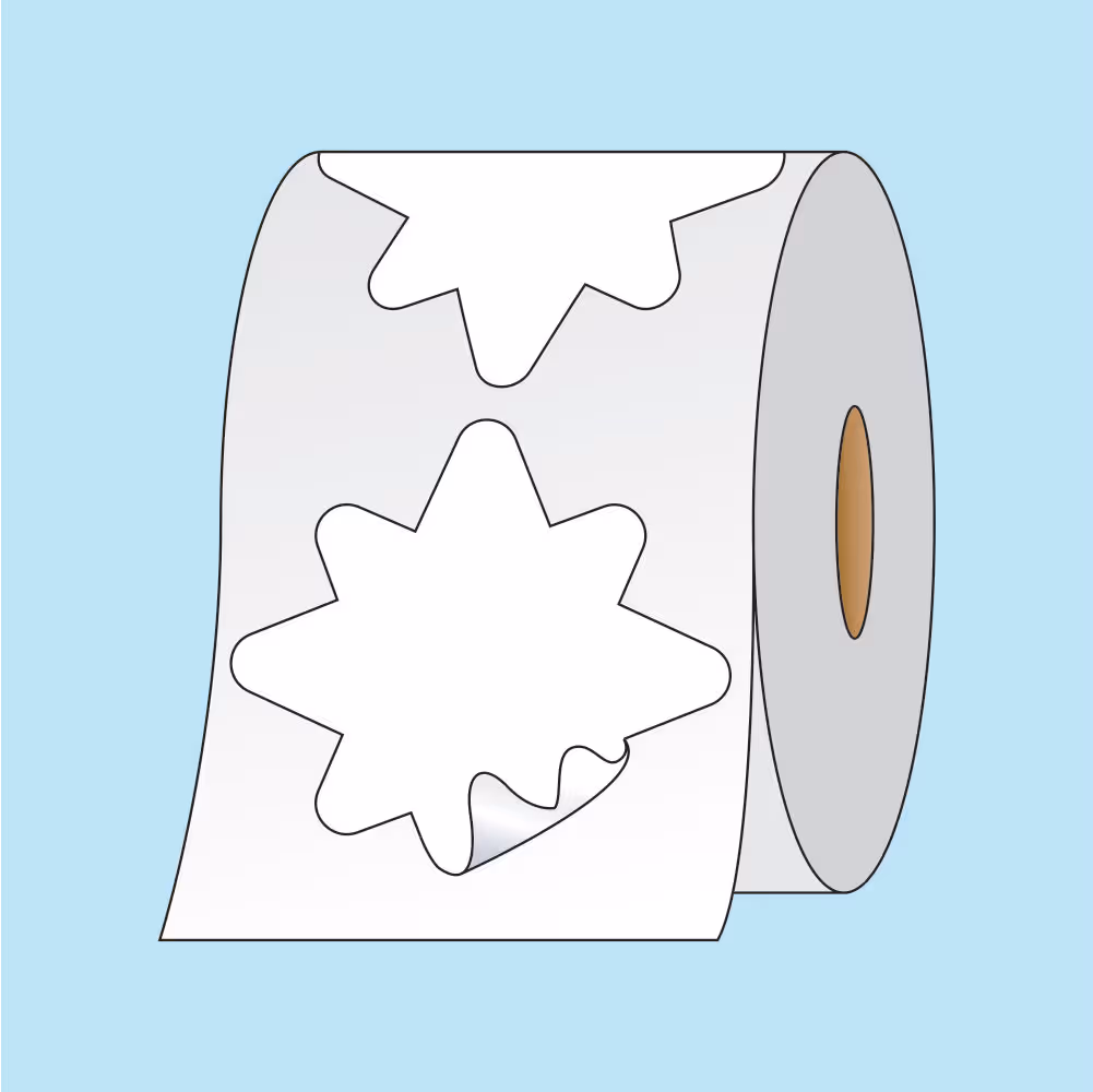 Roll of white adhesive labels with irregular star-shaped cutouts on a light blue background.