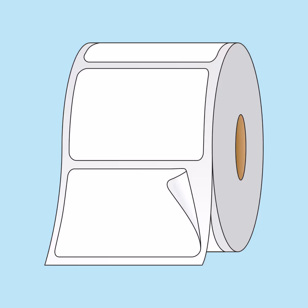 Roll of rectangular adhesive labels with one label partially peeled off on a light blue background.