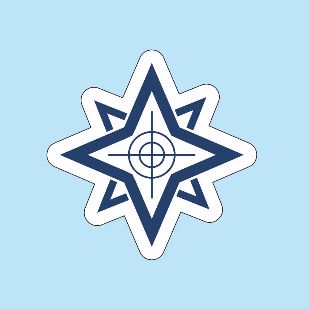 Dark blue eight-pointed star with a circular target symbol in the center on a light blue background.
