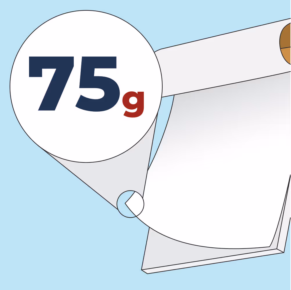 Illustration showing a 75g paper weight magnified from a stack of white paper sheets on a blue background.