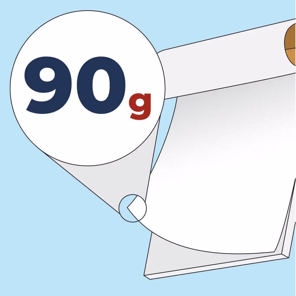 Illustration of a stack of white paper sheets with a magnified view showing '90g' indicating paper weight.