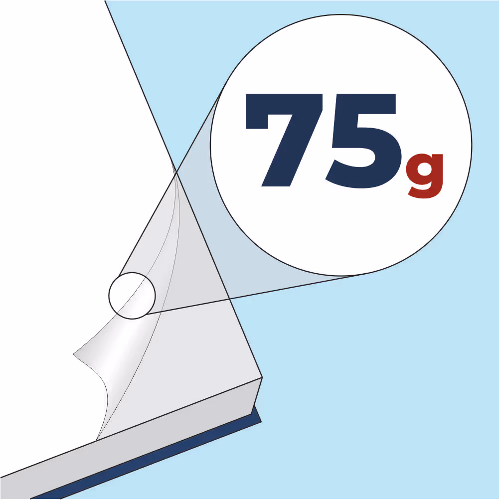 Illustration showing a close-up of notebook pages with a magnified circle highlighting the paper weight of 75 grams.