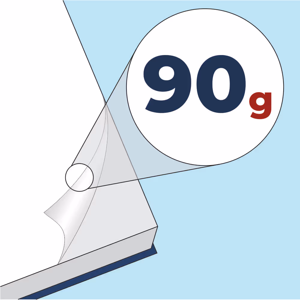 Close-up illustration of a notebook page being turned, highlighting paper weight of 90 grams.