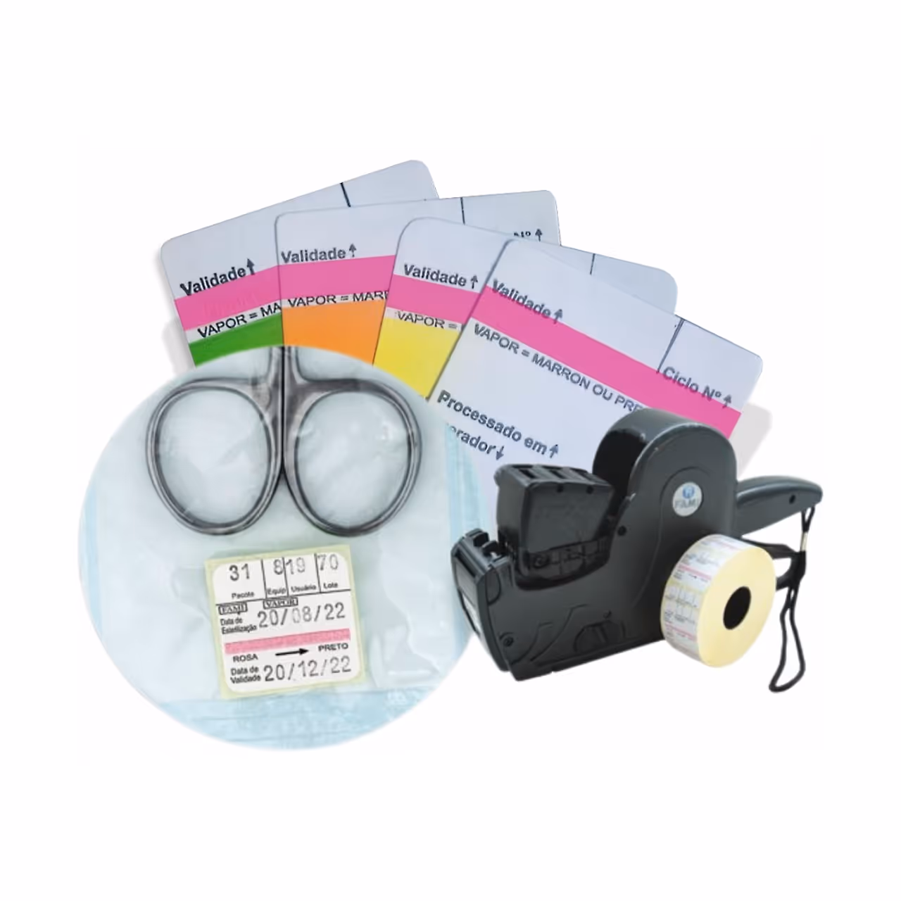 Label gun next to sterilization indicator cards and a sterilization pouch with a date label and scissors.