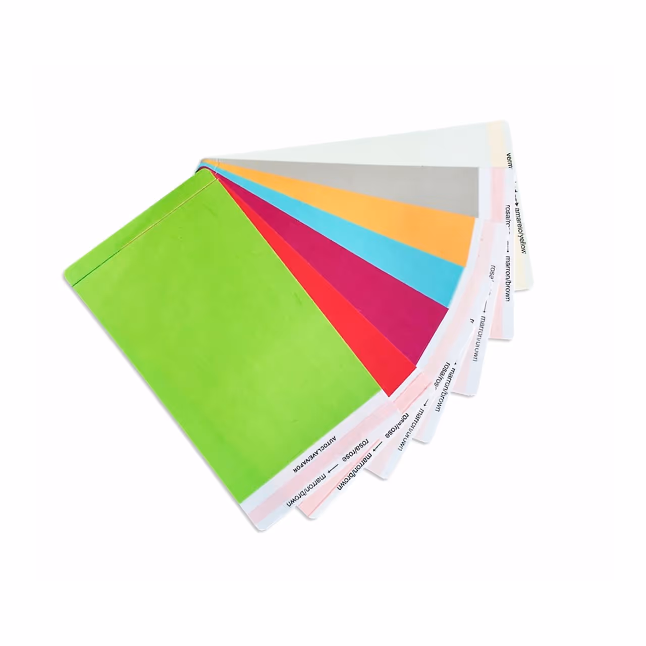 Fanned color swatch cards showing vibrant samples including green, red, magenta, blue, orange, gray, and white.