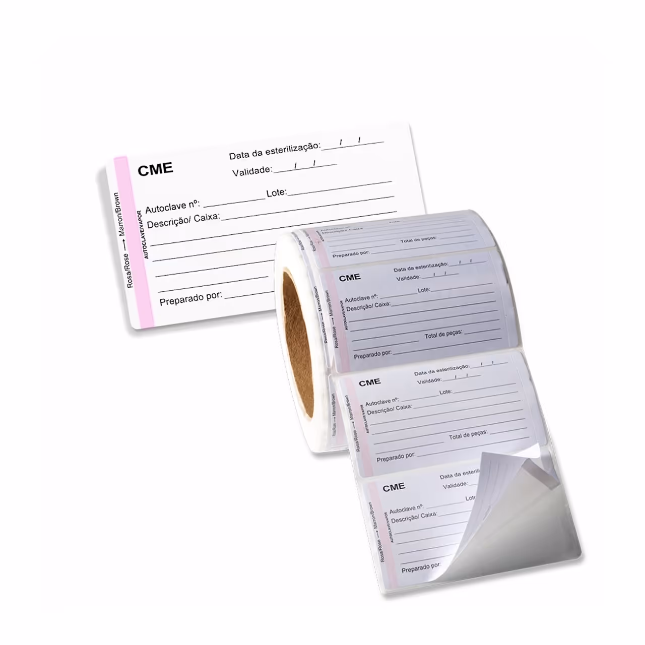 Roll of sterilization labels with fields for autoclave number, lot, description, sterilization date, expiration date, total pieces, and prepared by.