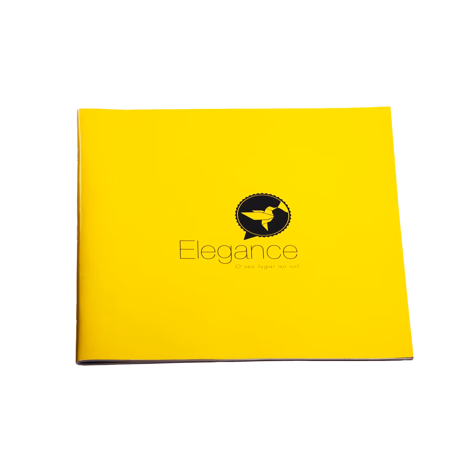 Closed yellow booklet with a black bird logo and the word Elegance on the cover.