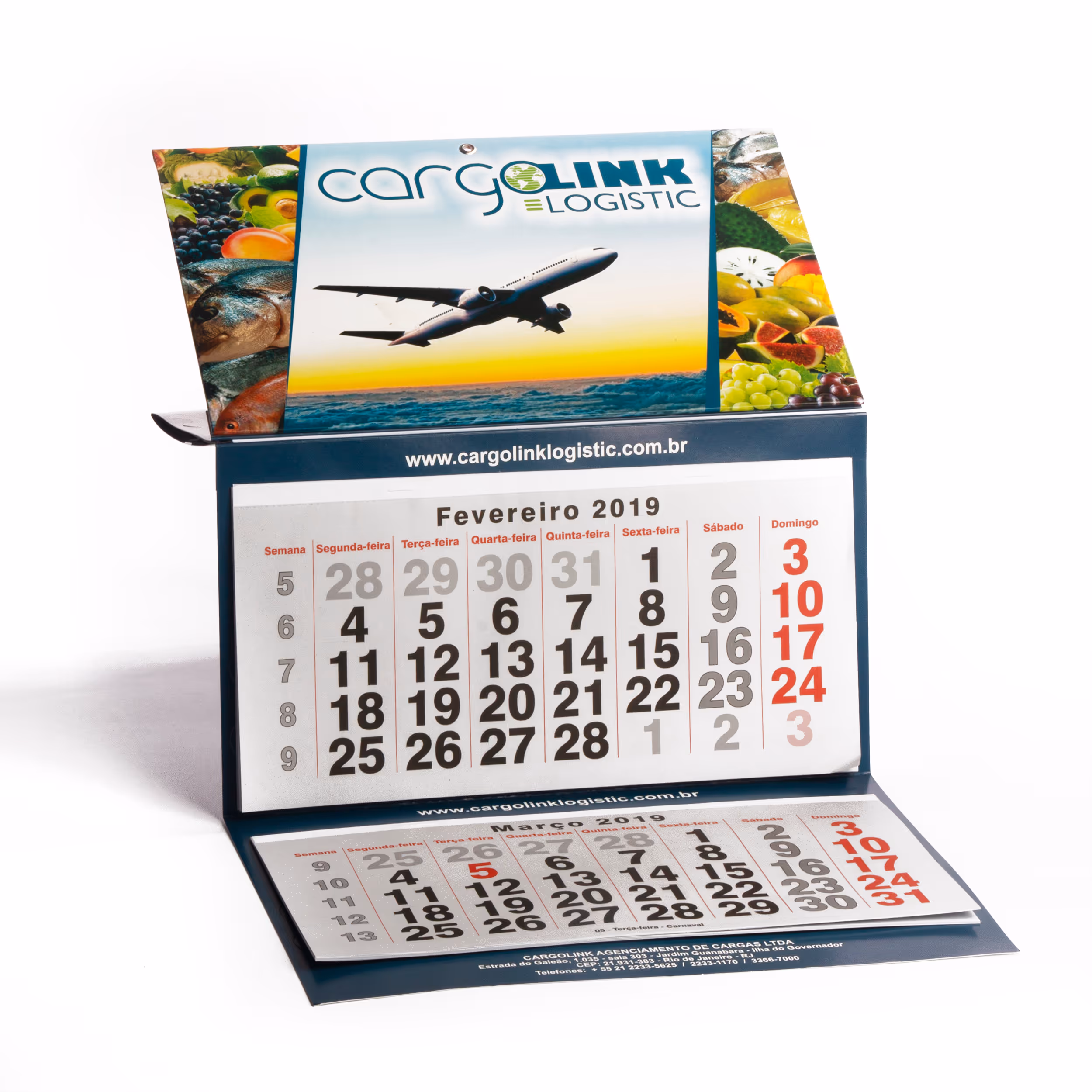 Desk calendar showing February and March 2019 with CargoLink Logistic branding.