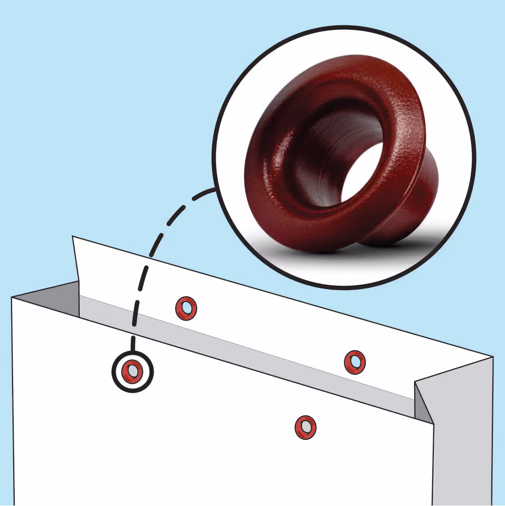 Illustration of a white paper bag with red circular eyelets, zoomed-in view showing a detailed red plastic grommet.