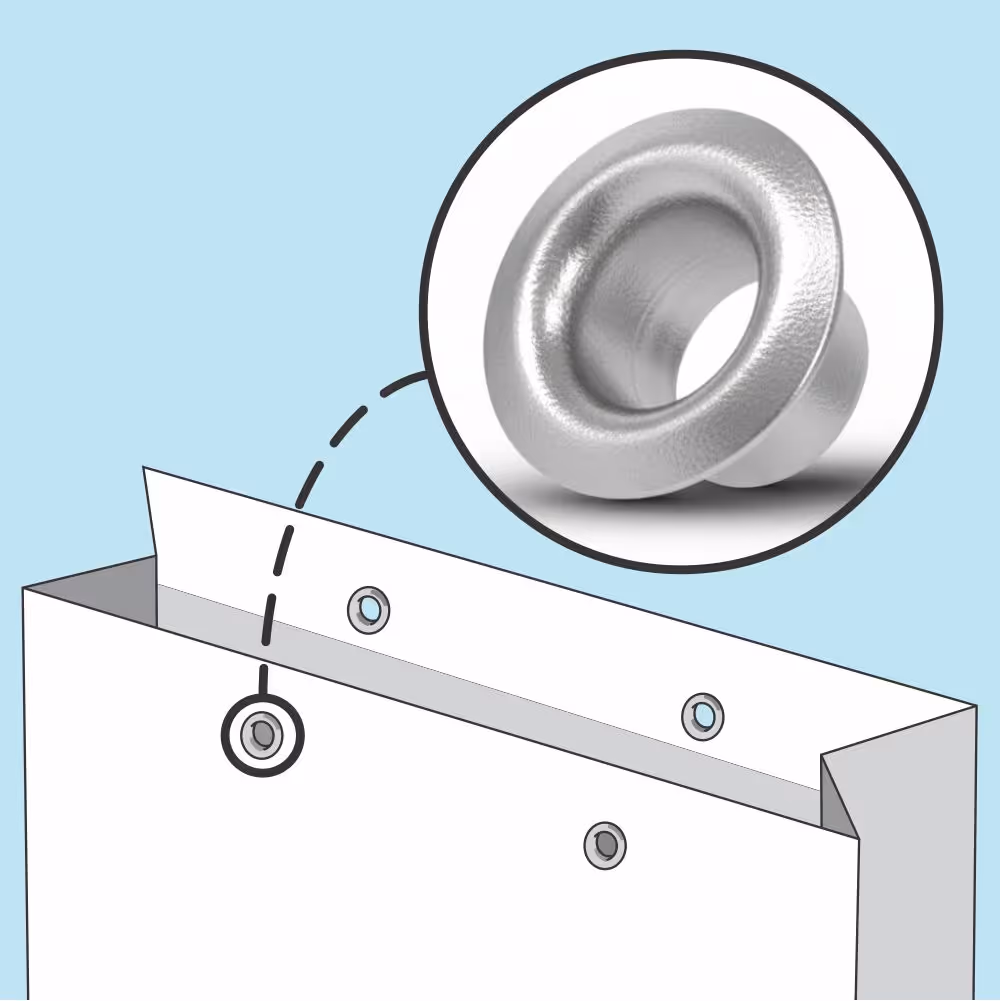 Illustration of a paper bag top edge with metal eyelets highlighted in a zoomed circle.