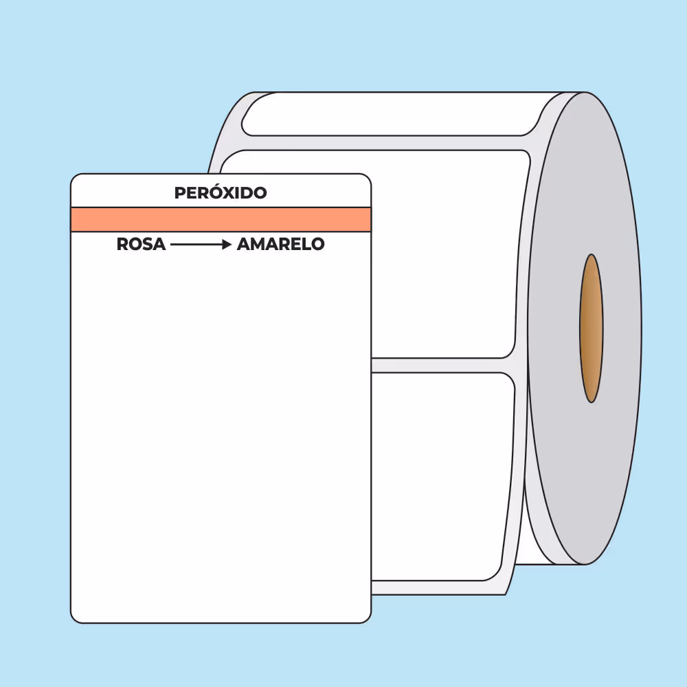 Roll of white labels with a close-up showing a peroxide indicator label stating color change from pink to yellow.