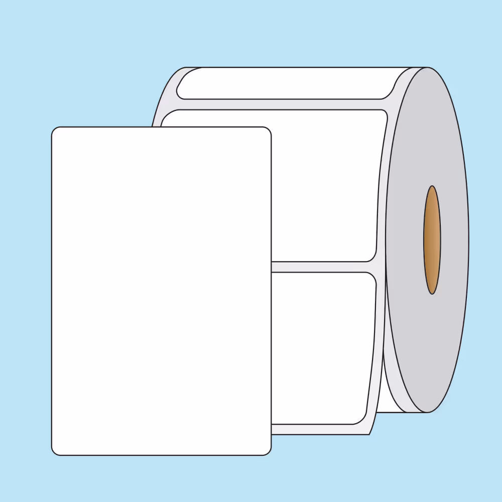 Roll of white rectangular blank labels with one label enlarged in front on a light blue background.