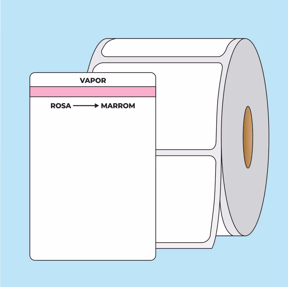 Roll of white rectangular labels with an example label showing a pink strip labeled 'VAPOR' and text indicating color change from pink to brown.