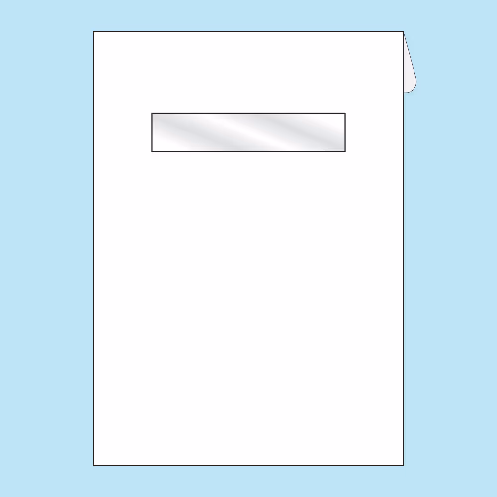 White envelope with a transparent rectangular window on a light blue background.