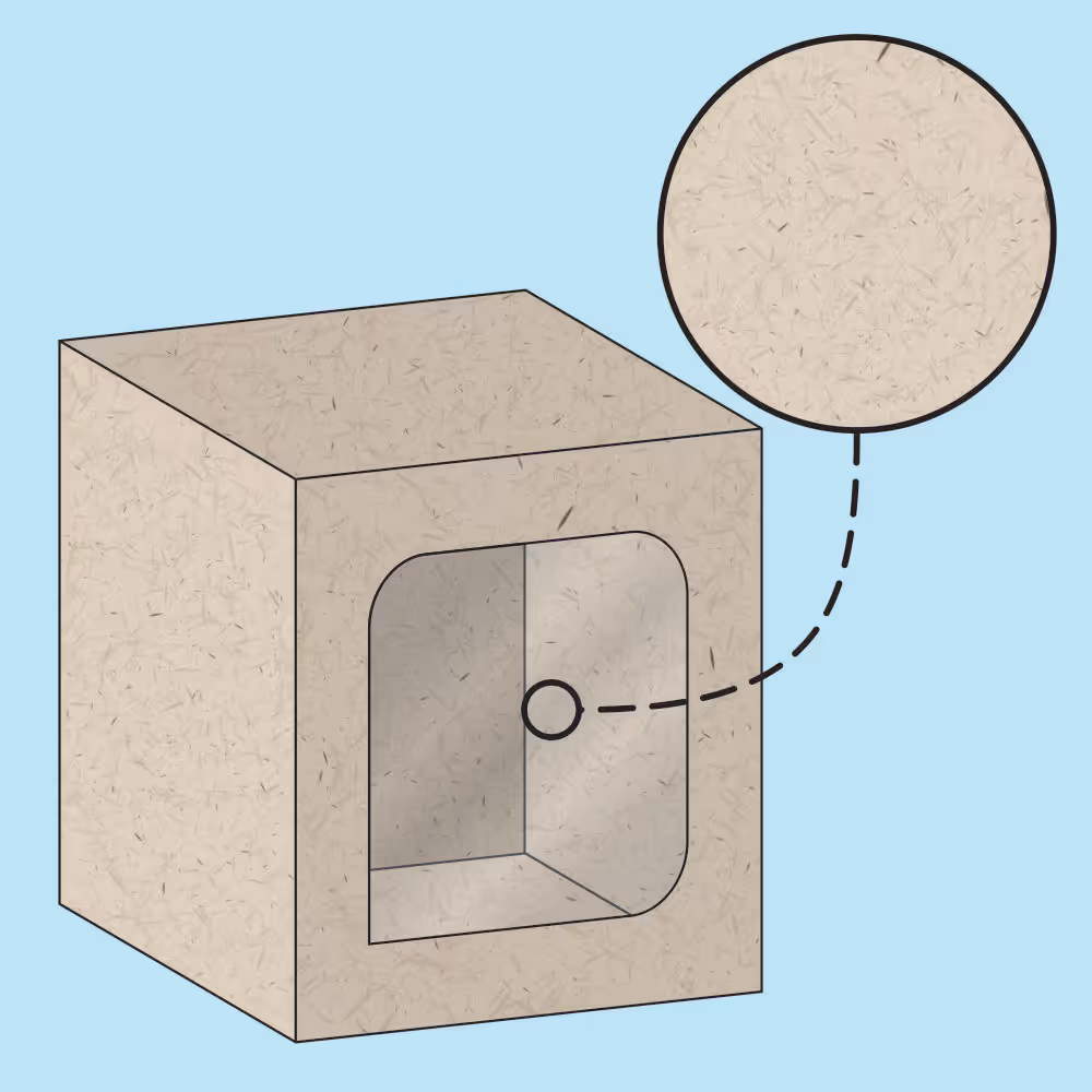 3D illustration of a textured beige cube with an inset hollow section and a zoomed-in view showing the fibrous material texture on a light blue background.