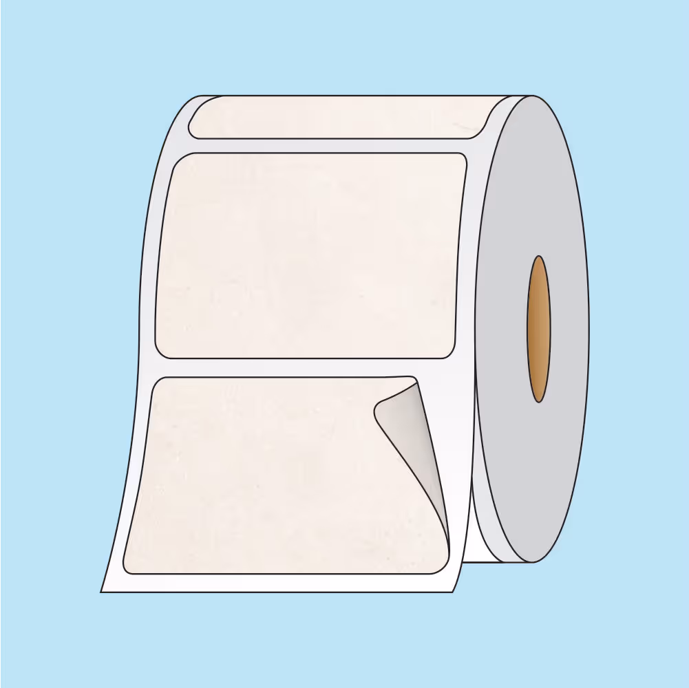 Roll of blank rectangular adhesive labels with one label partially peeled off, on a light blue background.
