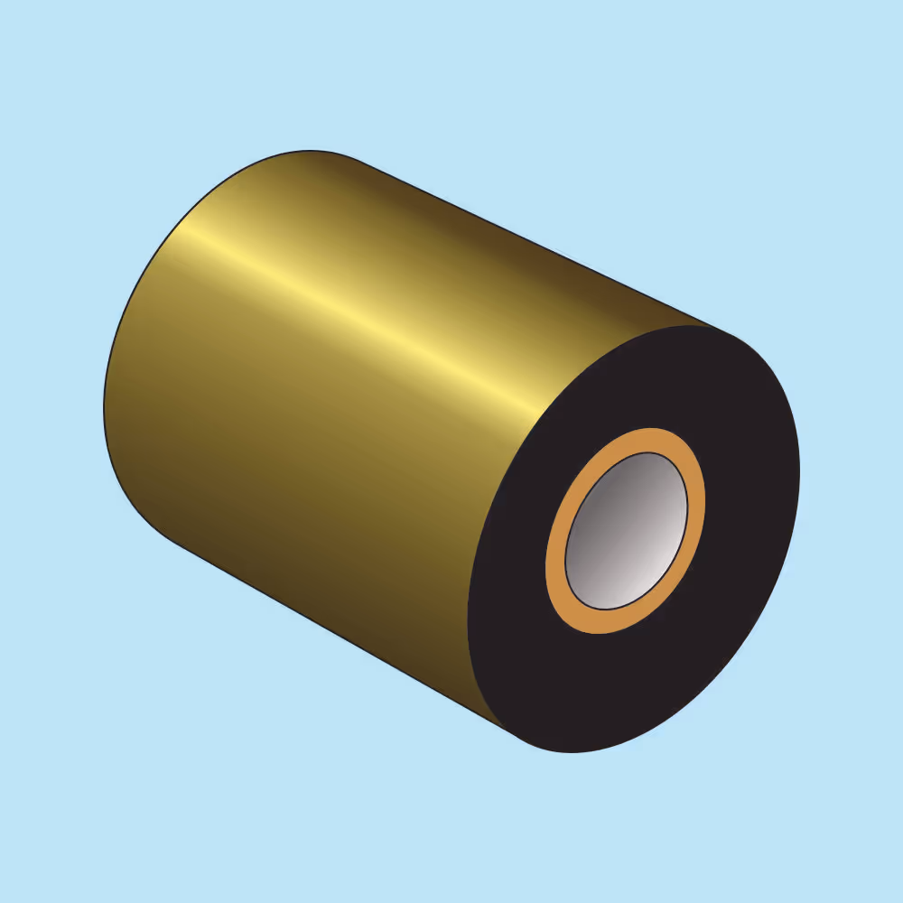Shiny metallic gold cylindrical roll with black edges on a light blue background.