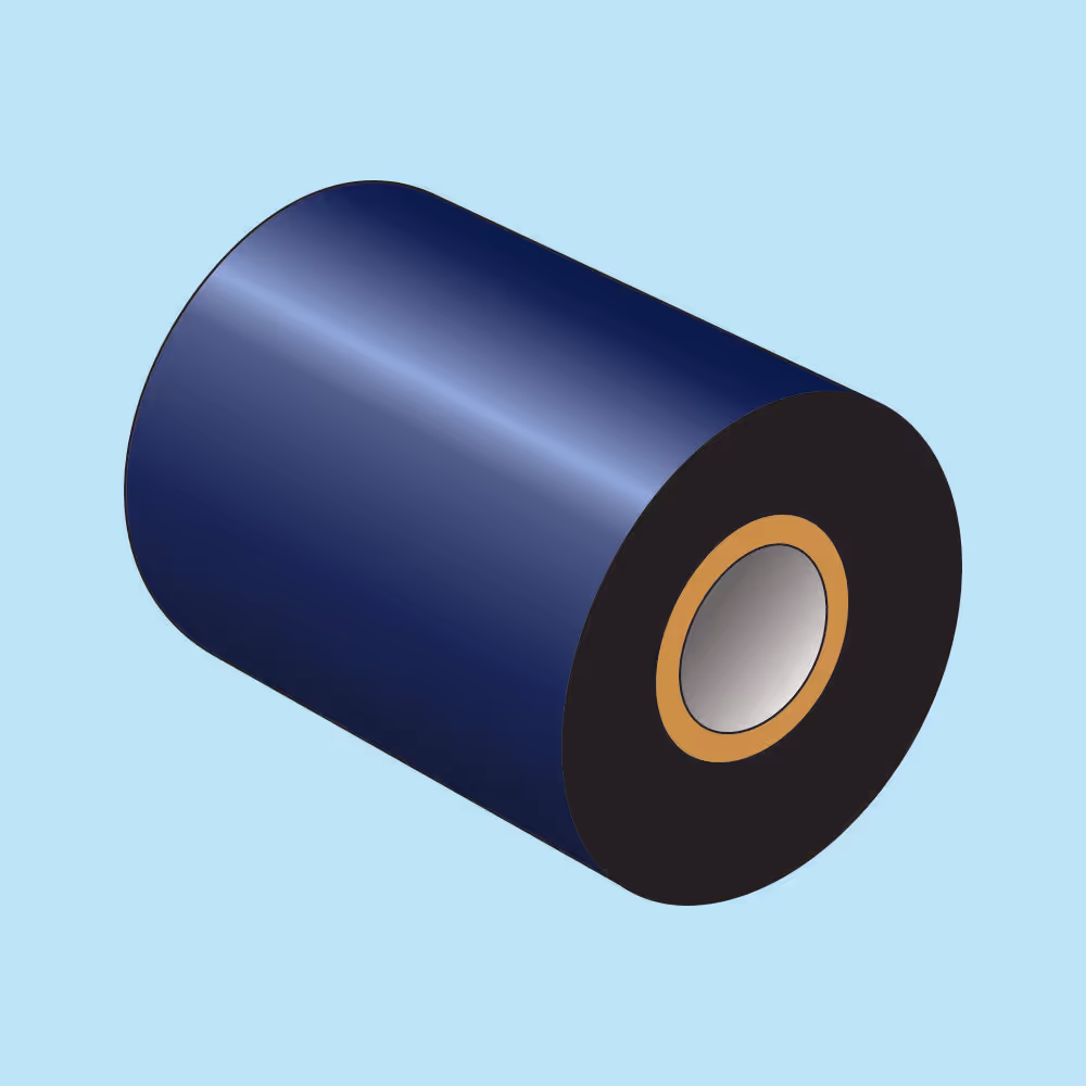 Blue cylindrical roll of material with a hollow center on a light blue background.