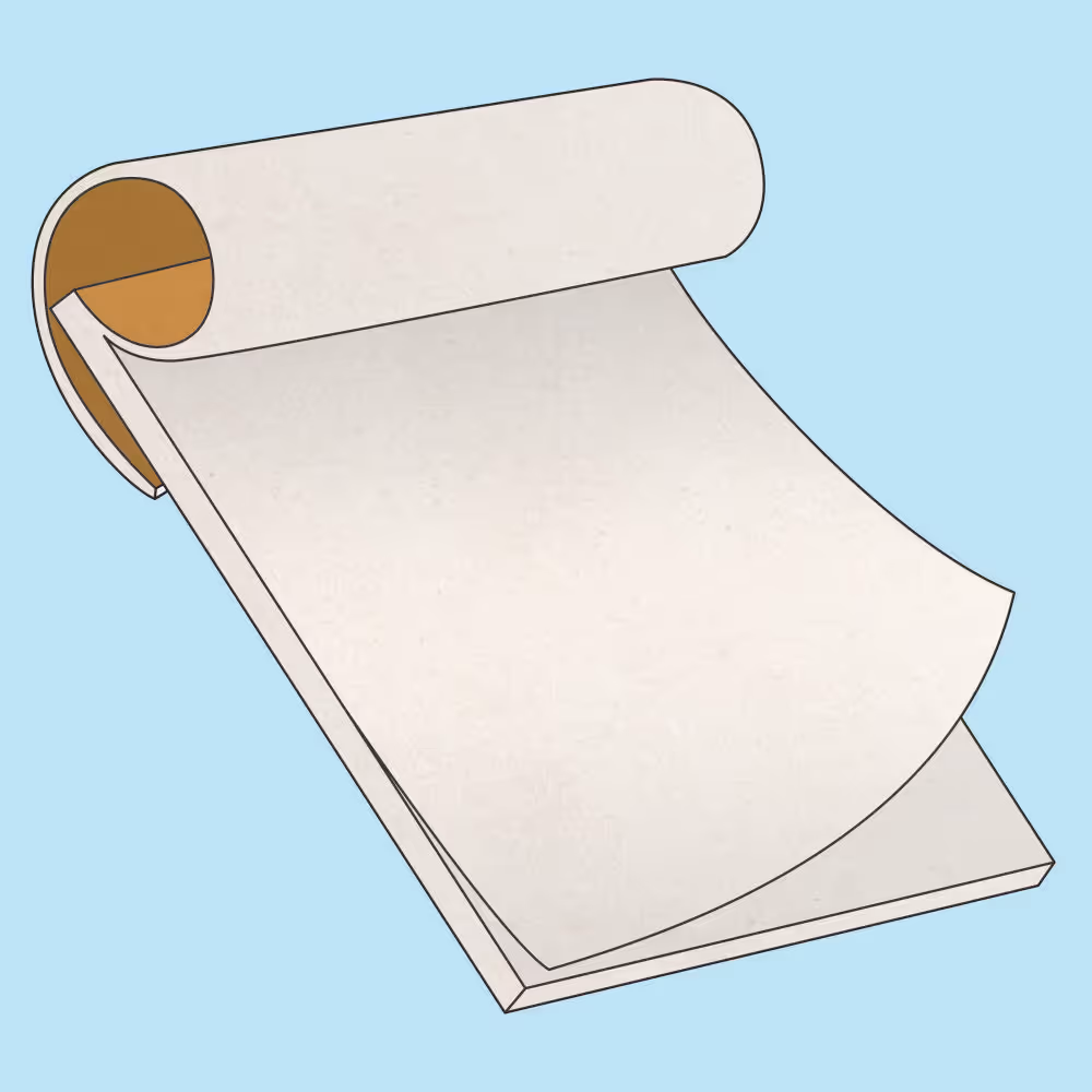Illustration of a blank notepad with a curled top page on a light blue background.