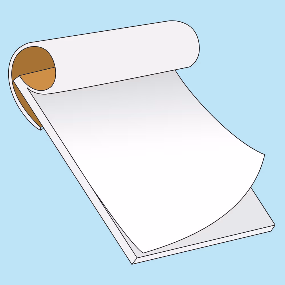Illustration of a white notepad with one page partially turned on a light blue background.