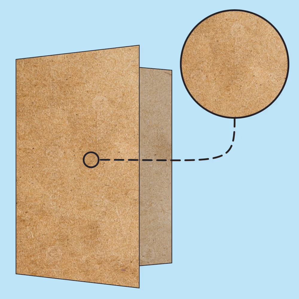 Three overlapping sheets of brown kraft paper with a close-up circle showing the paper texture on a light blue background.