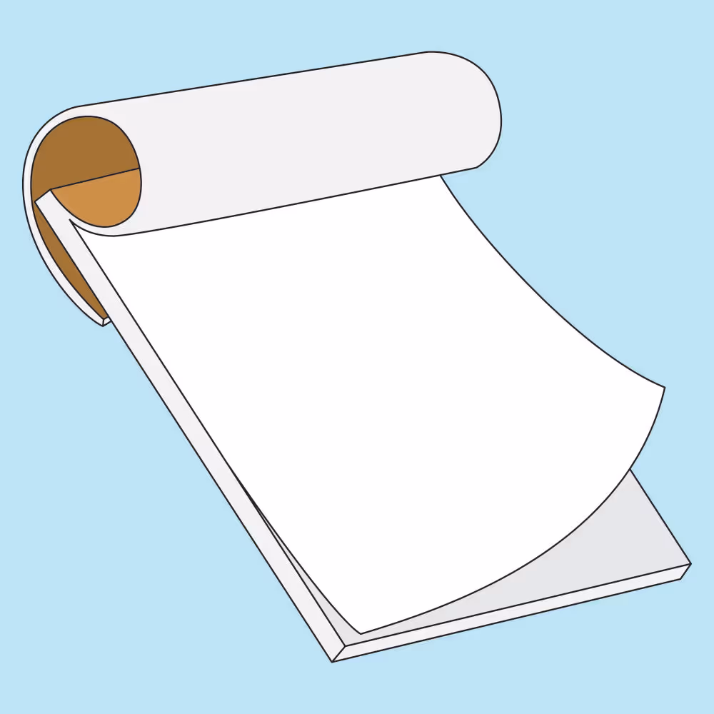 Illustration of a blank notepad with a few partially flipped white pages against a light blue background.