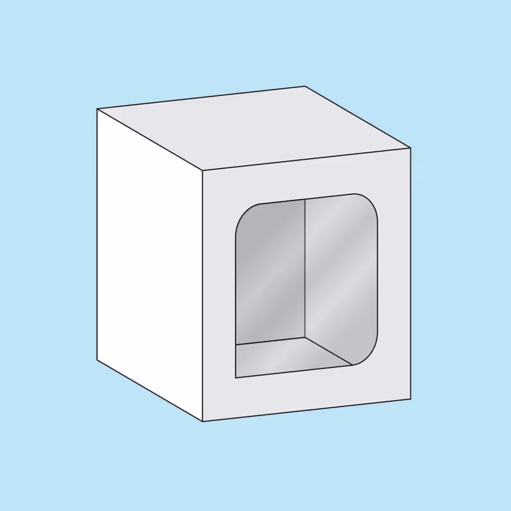 3D illustration of a white cube-shaped box with a front cut-out window on a light blue background.