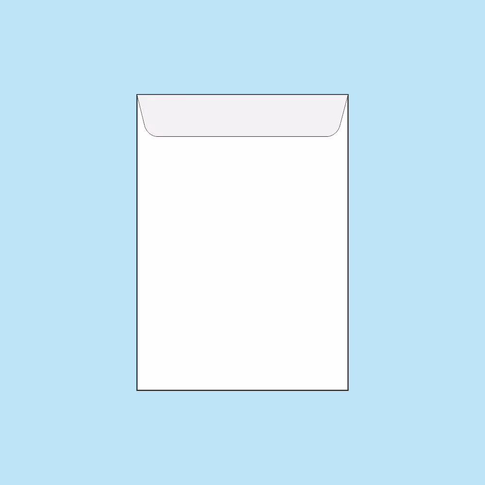 White square envelope with the flap open against a light blue background.