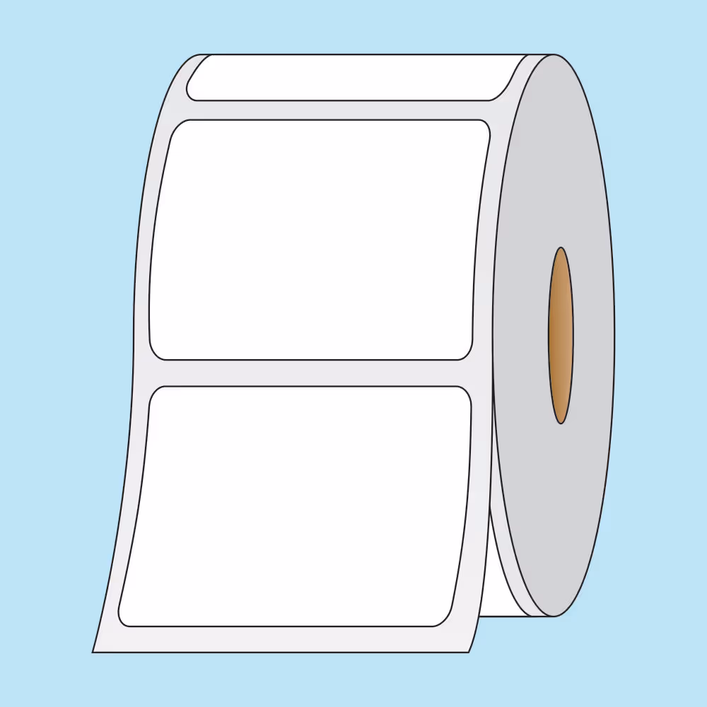 Roll of blank rectangular adhesive labels on a light blue background.
