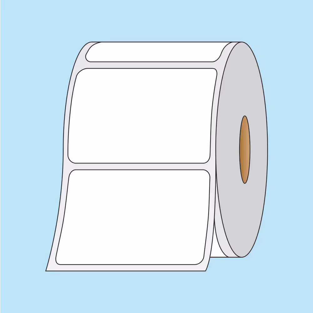 Roll of white rectangular blank labels on a light blue background.