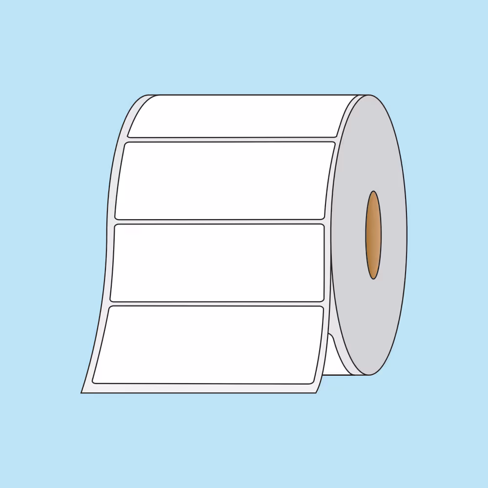 Roll of white adhesive labels with four rectangular labels visible on a light blue background.