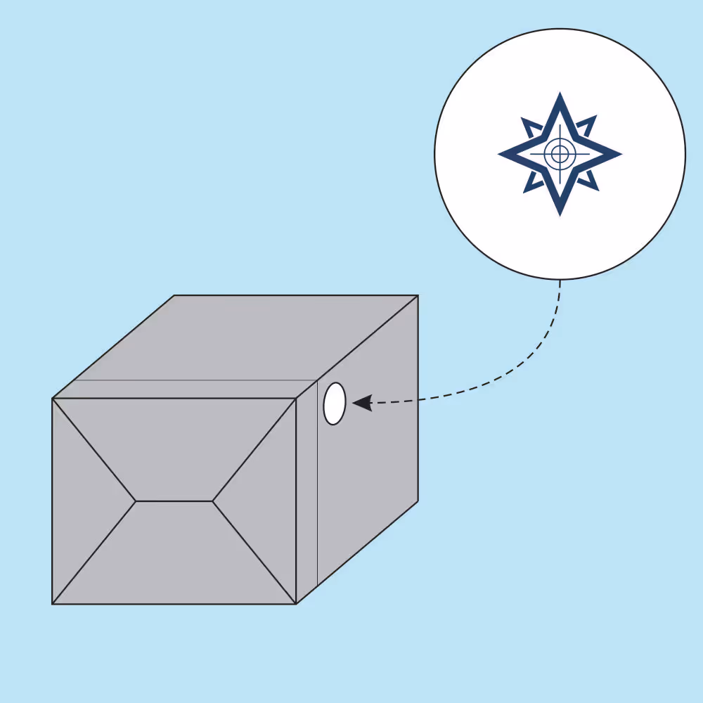 Illustration of a gray rectangular box with a circular sensor on the side highlighted by a callout showing a blue star-shaped sensor icon.