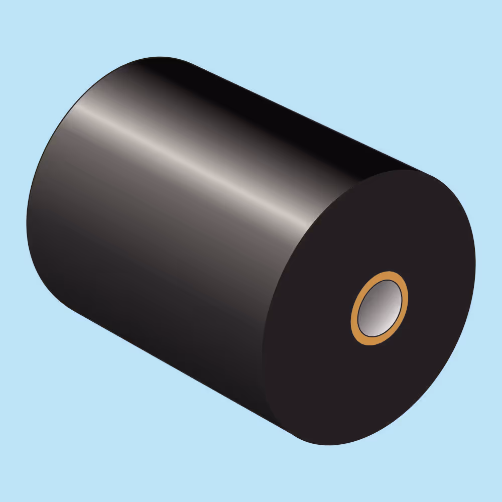 Black cylindrical thermal transfer ribbon roll with a central hole on a light blue background.