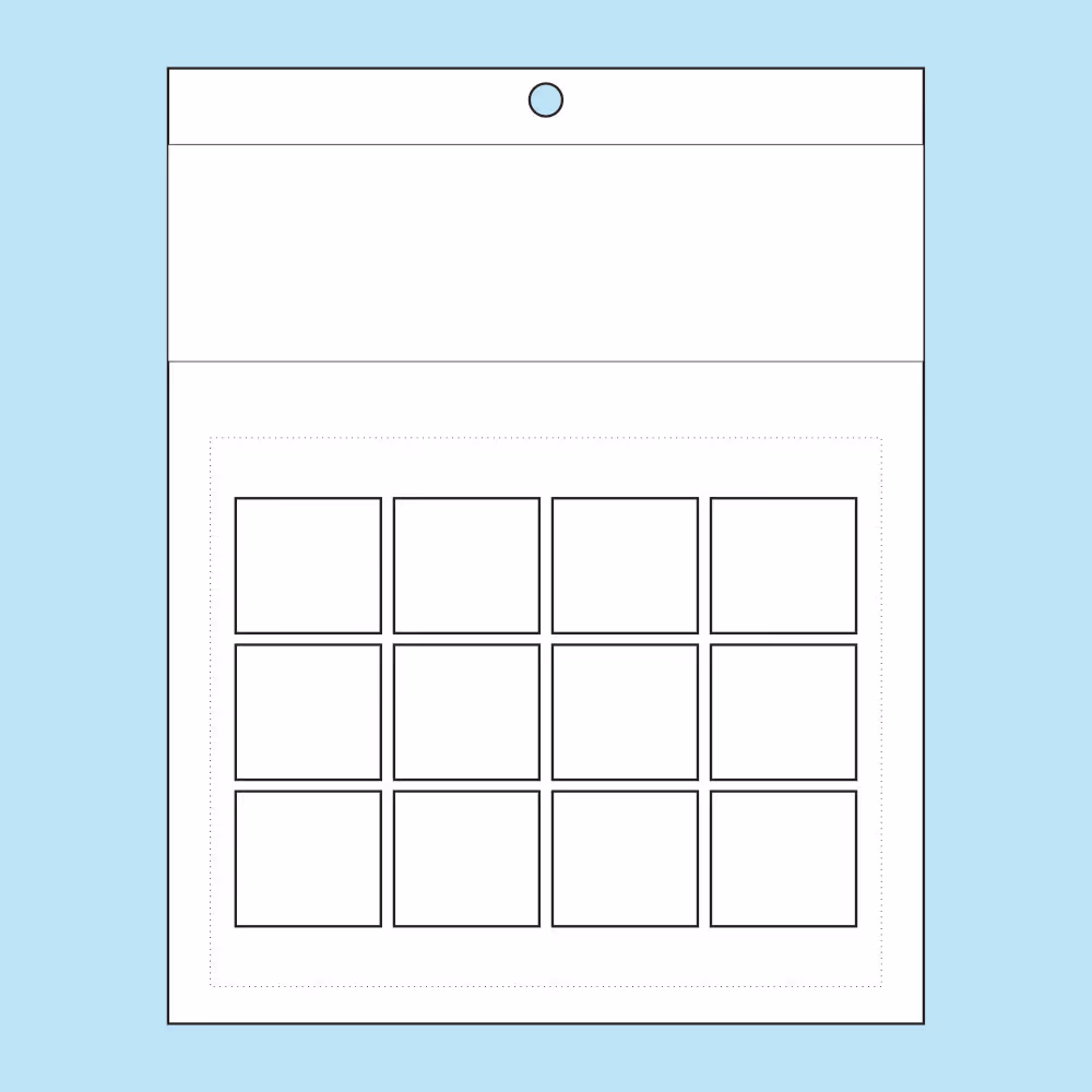 Minimalist wall calendar with a blank header and a grid of 12 empty square date boxes in three rows inside a white frame on a light blue background.